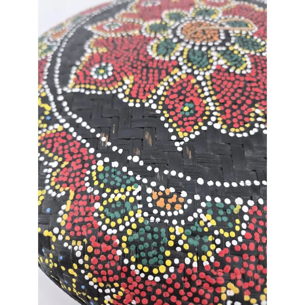 Vtg Large Bali Kaleidoscope Dot Hand Painted Woven Wicker Round Basket w/Lid